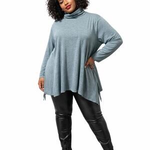 Terra Sky 3X Teal Sharkbite Hem Tunic | Soft Stretch Mock Neck